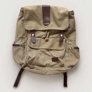 BELLA RUSSO‎ Backpack Unisex Khaki Brown Canvas Drawstring Snap Zippered Pockets